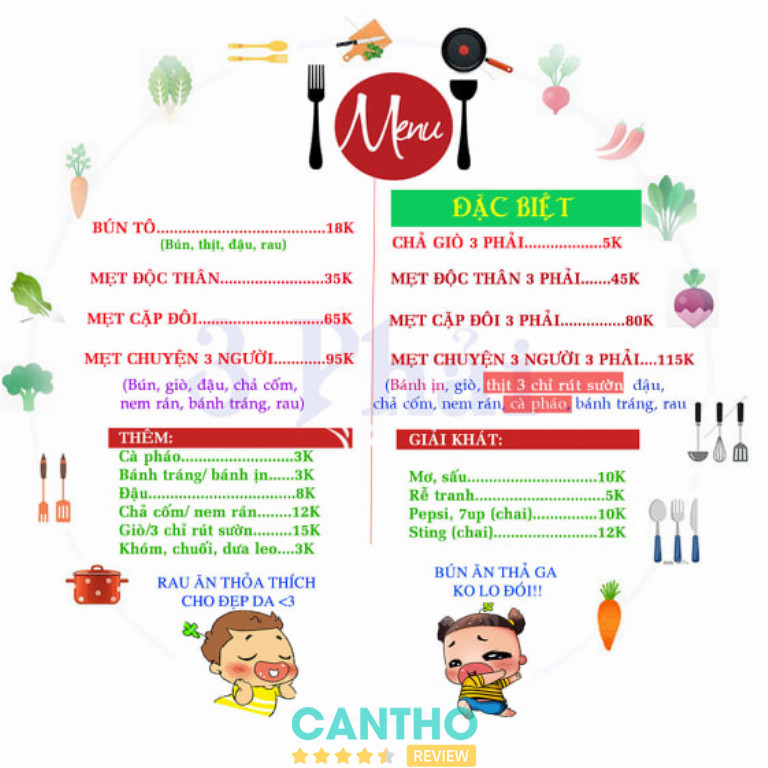 Thực đơn quán Bún Đậu Mắm Tôm 3 Phải